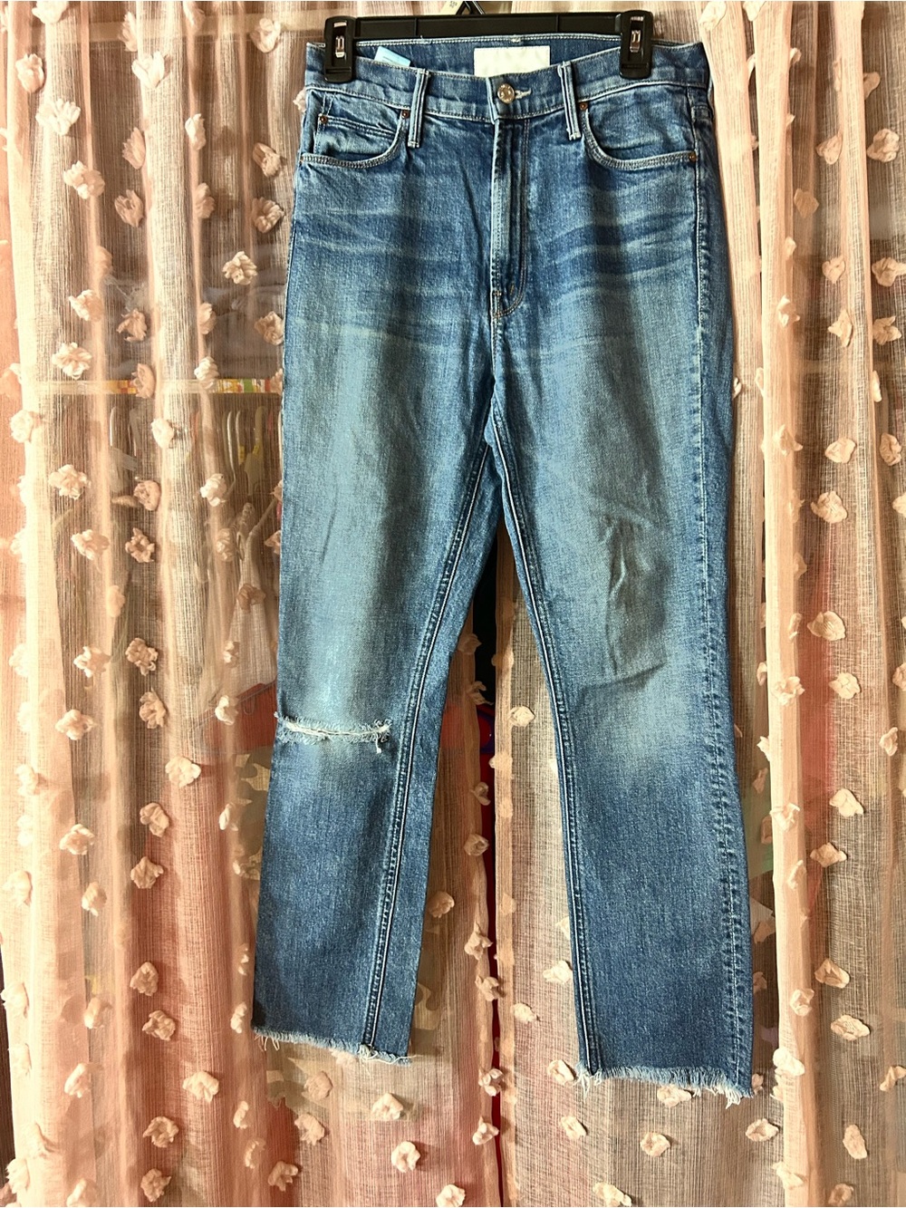 MOTHER ankle fray  Medium Blue Washed Straight Jeans